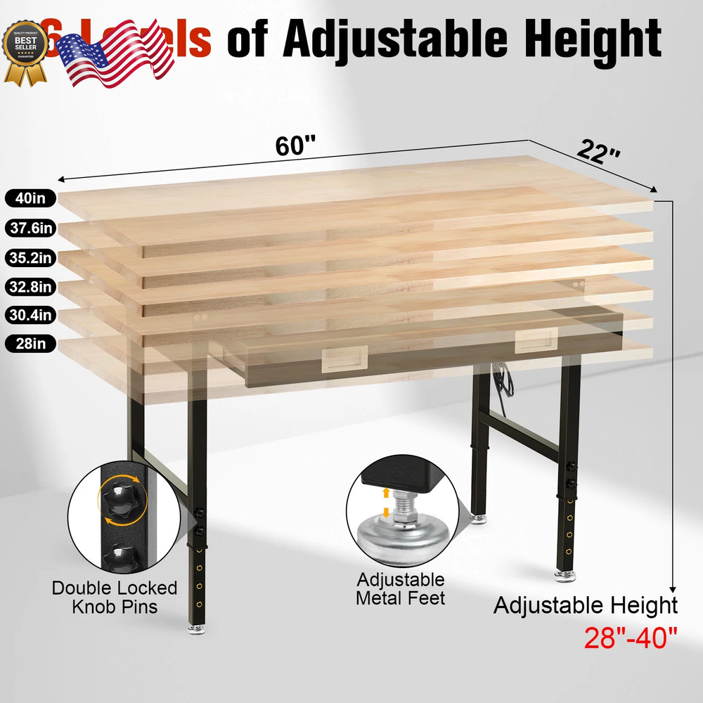 Multifunctional Workbench 60X22" with Pegboard Worktable W/ Power Outlets, LED