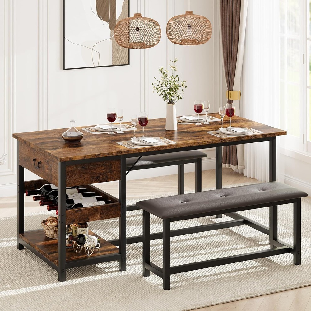 Dining Table Set for 4 Kitchen Table with 2 Benches, Storage Drawers ,Wine Rack