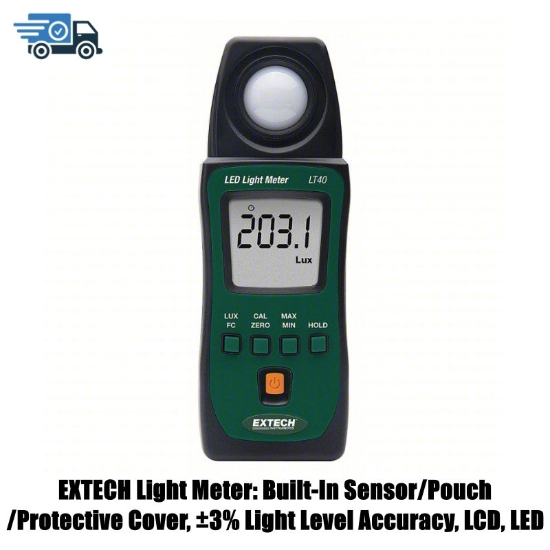 "EXTECH Light Meter: Built-In Sensor/Pouch/Protective Cover, ±3% Light Level Acc