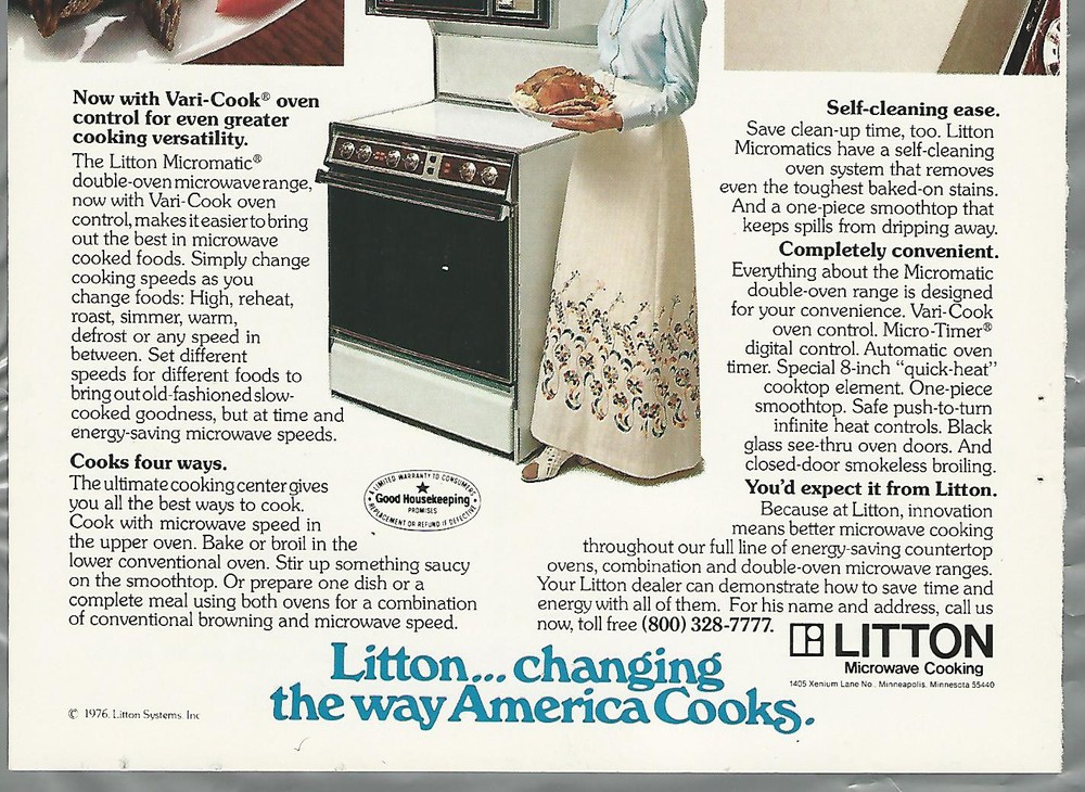 1976 LITTON Microwave Oven advertisement, Micromatic ad, retro range oven combo