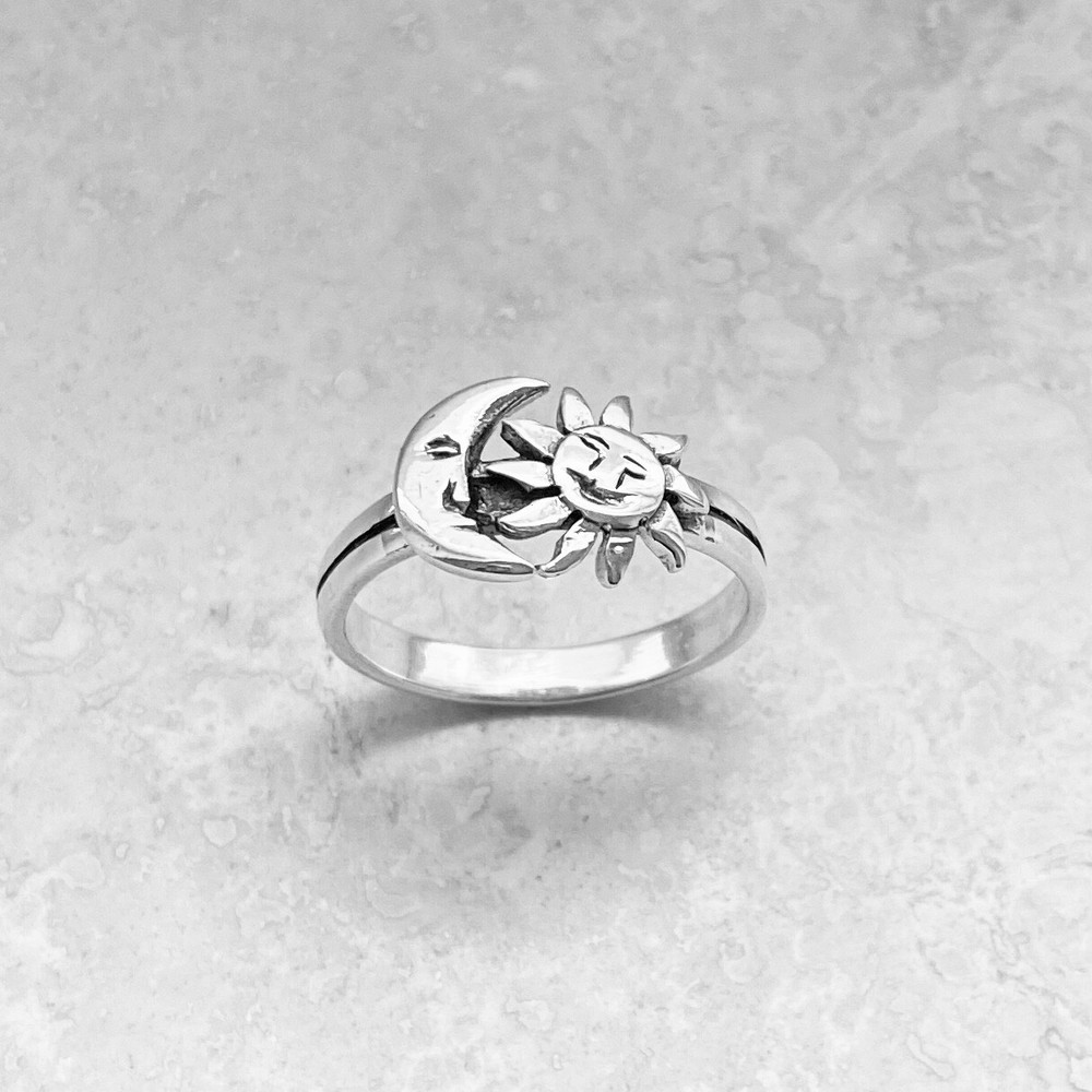 Sterling Silver Face Moon and Sun Ring, Silver Ring, Boho Ring, Moon Ring
