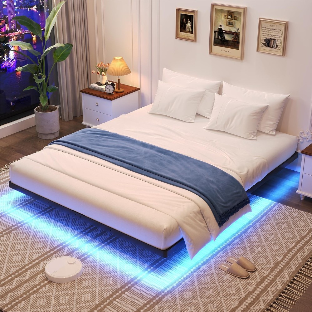 Floating Bed Frame Queen Size, Queen Bed Frame with Smart LED Lights, Heavy D...