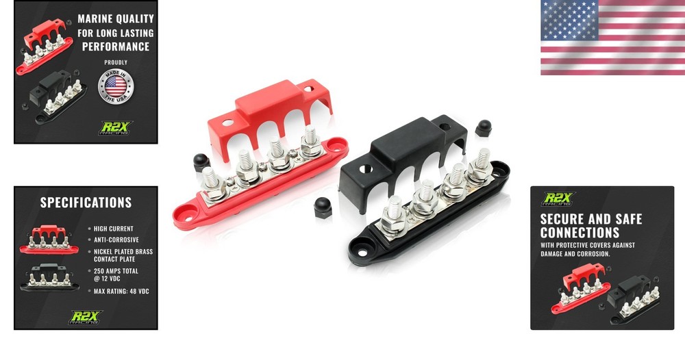 2 Pack 4 Post Power Distribution Bus Bars - Safe 250 Amp Rated Connection Blocks