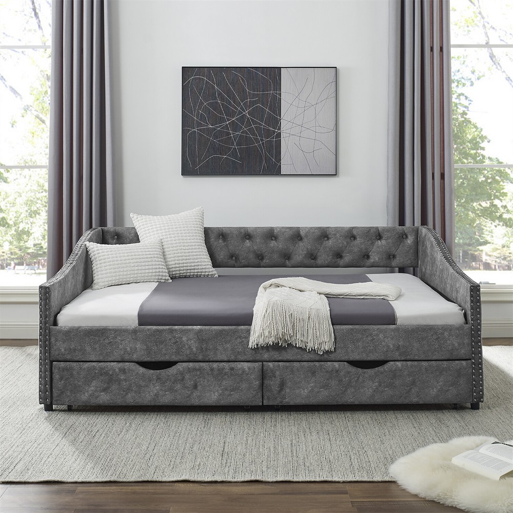 Full Size Daybed Upholstered Bed Frame Sofa Bed with 2 Storage Drawers US
