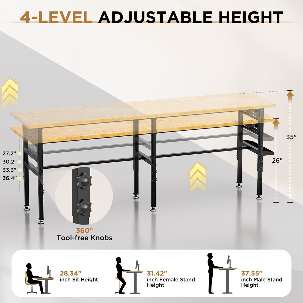 96" Adjustable Workbench with Side Pegboard Garage Work Table with Storage Box
