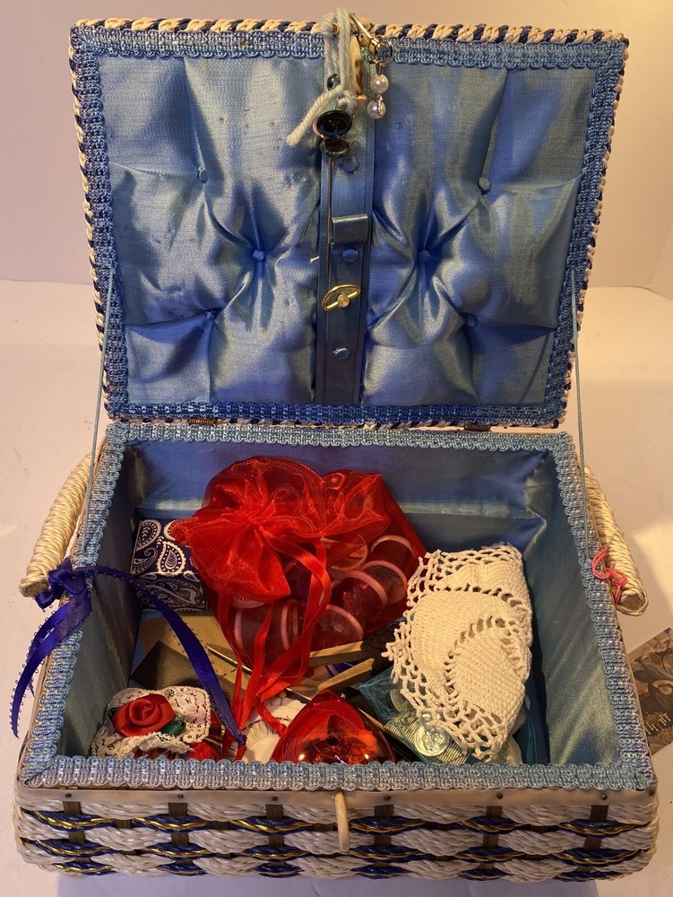 Musical Wicker Sewing Basket Notions Keepsake Kit Blue