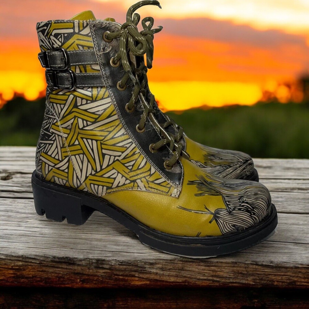 Goby size 41 10.5 wild printed ankle boot buckle zipper corn wheat combat