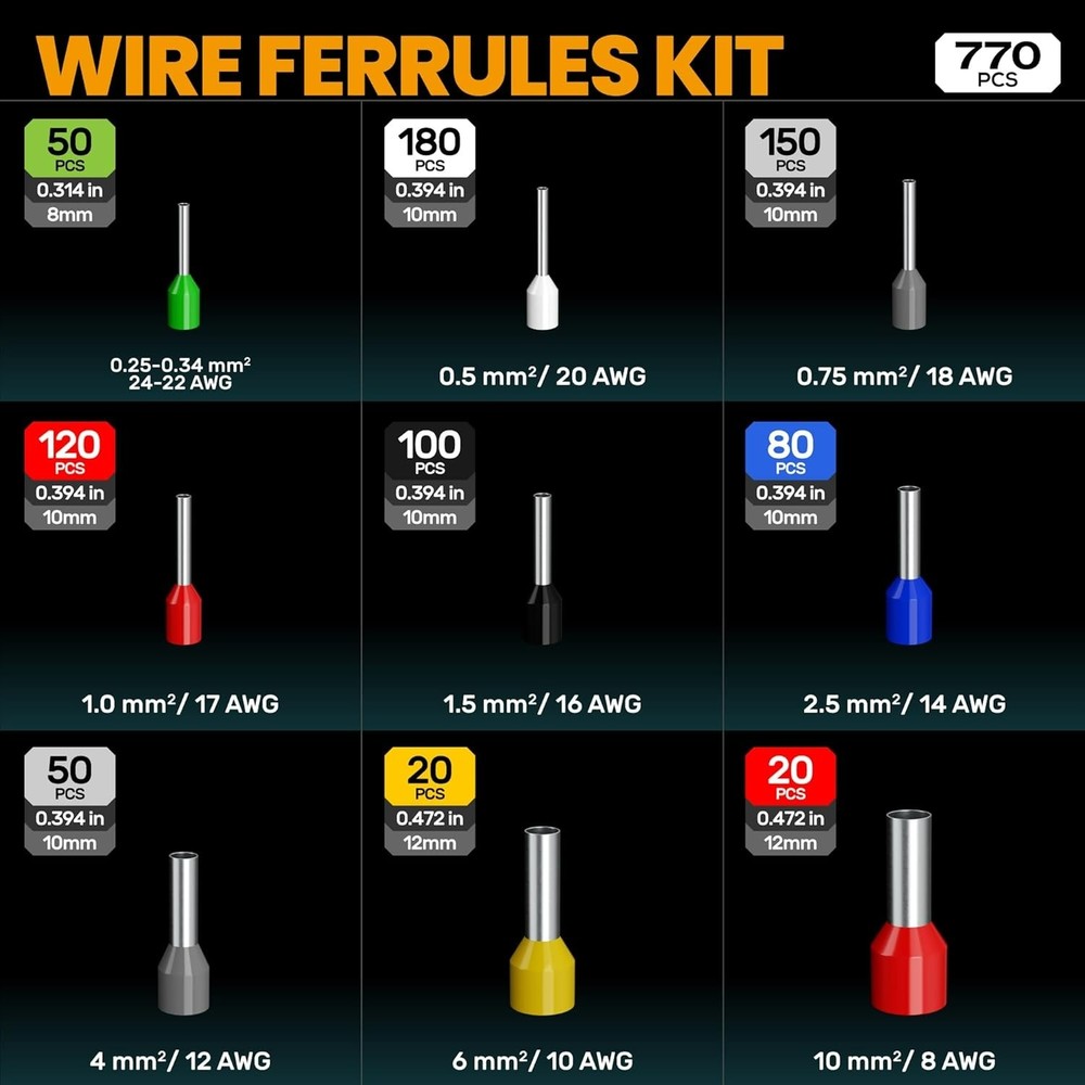 Versatile Electrical Crimping Tool Kit with Tinned Copper Ferrules - 9 Sizes