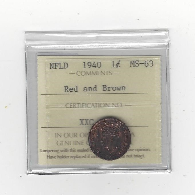 1940  ICCS Graded Newfoundland, Small One Cent, **MS-63**