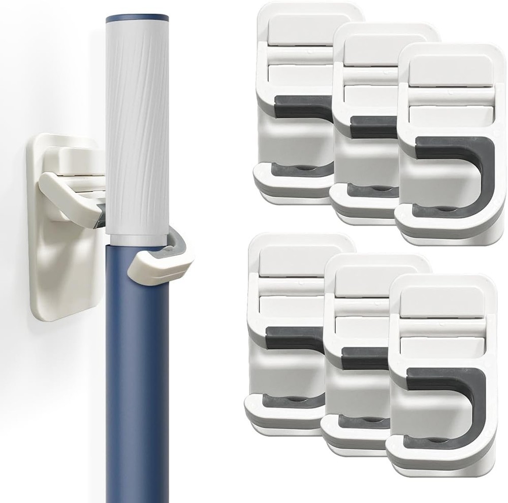 Broom Holder Wall Mount, Mount Self Adhesive, White-6pack