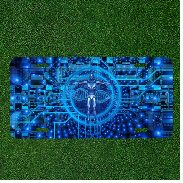 Custom Personalized License Plate Auto Tag With Robot Man Blue Design Art