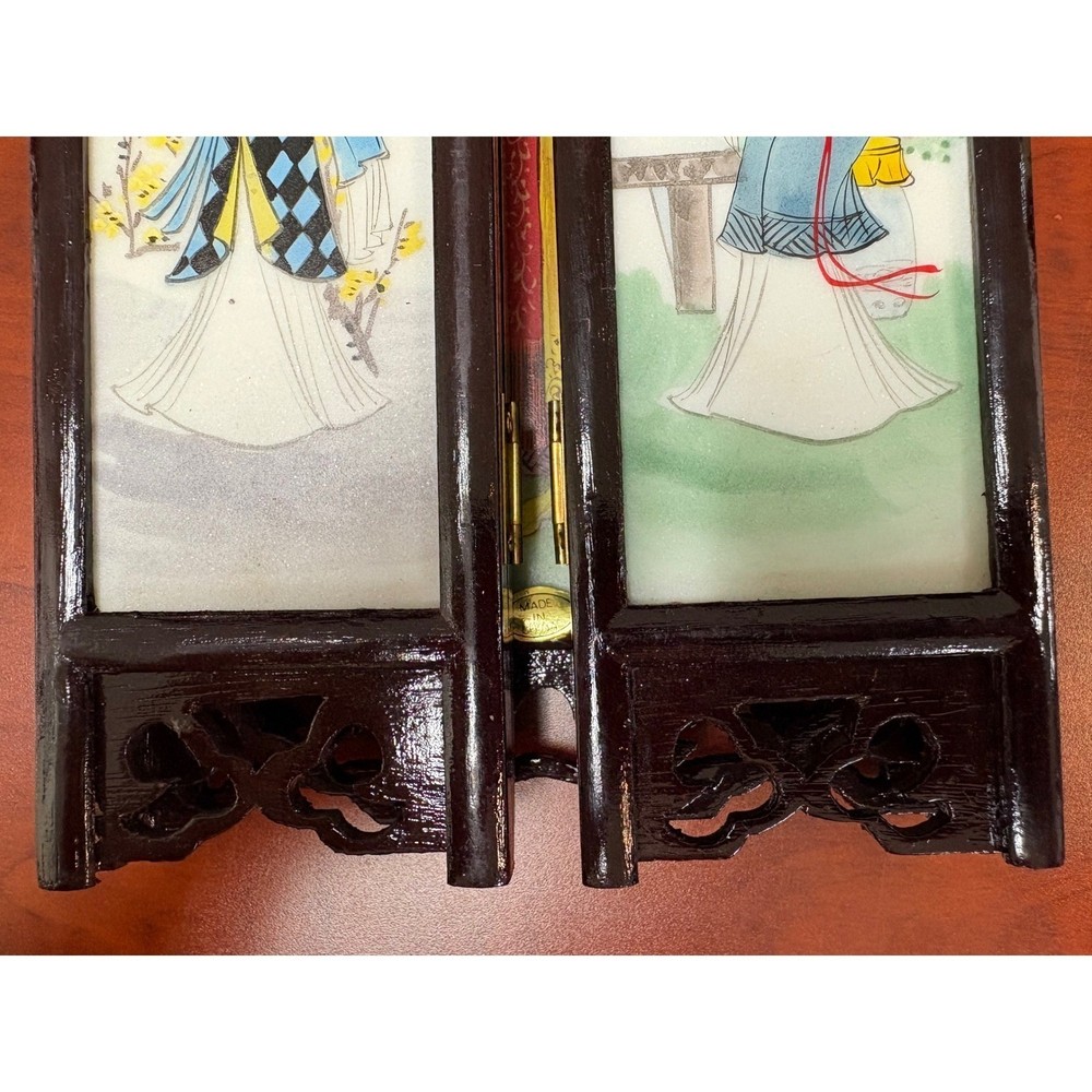 Vintage Chinese Marble Panel Folding Table Screen 5 Panel Wood Frame