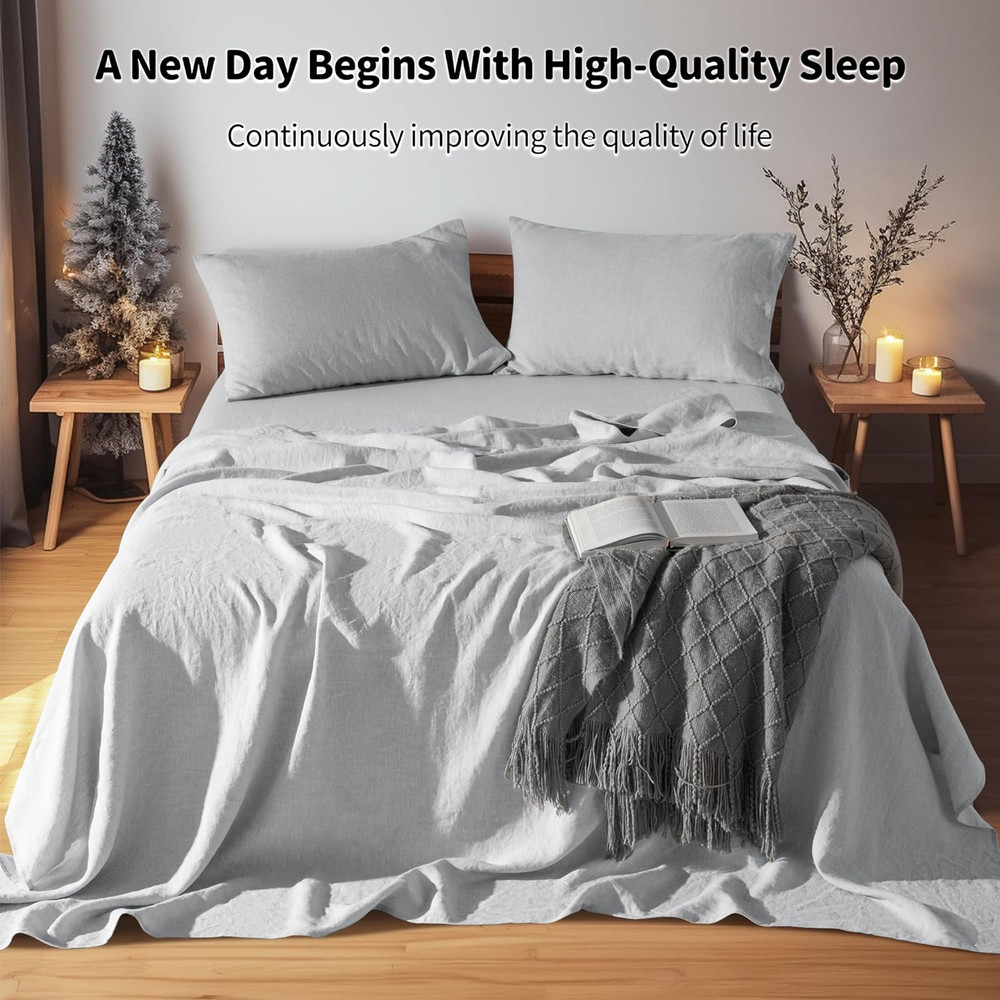 King Size 100% Linen Bed Sheet Set - Soft, Breathable, Deep Pocket - Grey