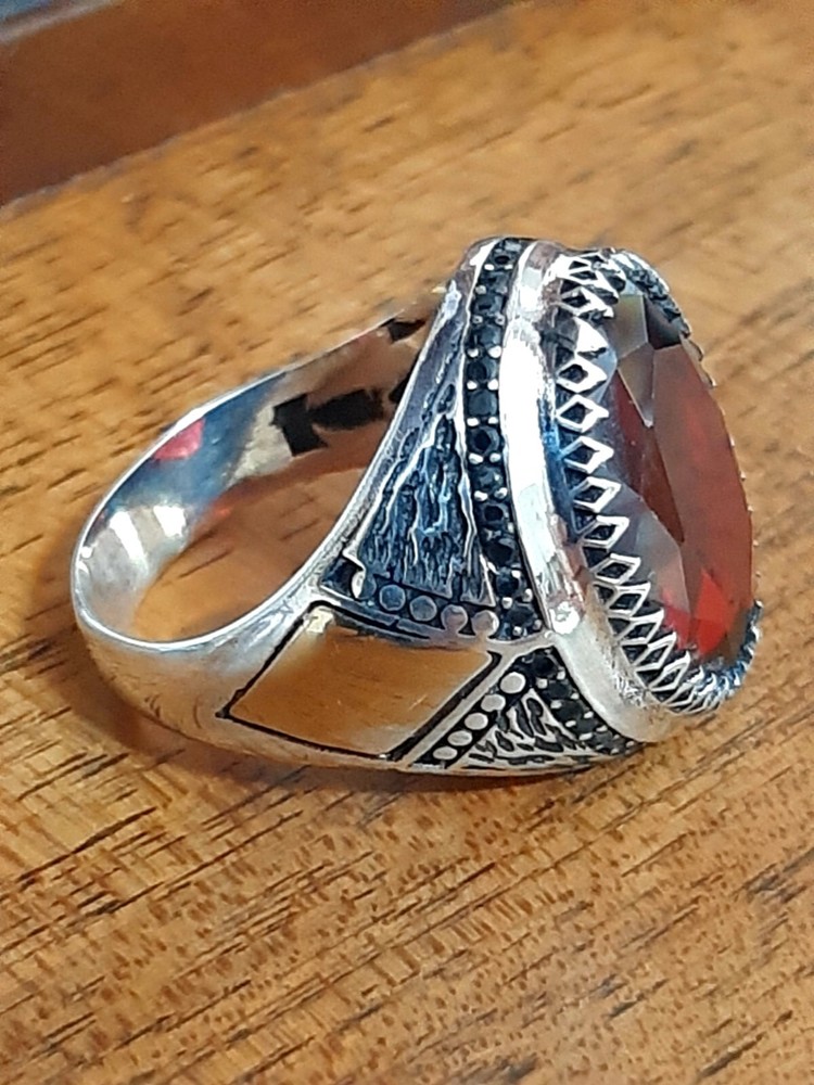 Men's Ring 925 Silver Ruby Solitaire Carniola Pirate Ring Man Sterling Ruby