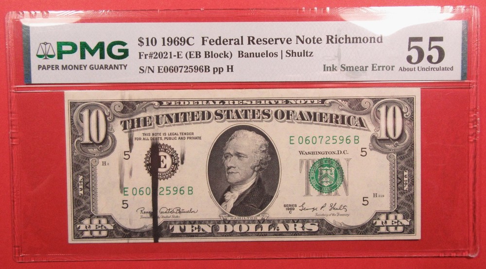 1969C $10 FRN Ink Smear ERROR PMG AU55. Desirable error note! (226032)