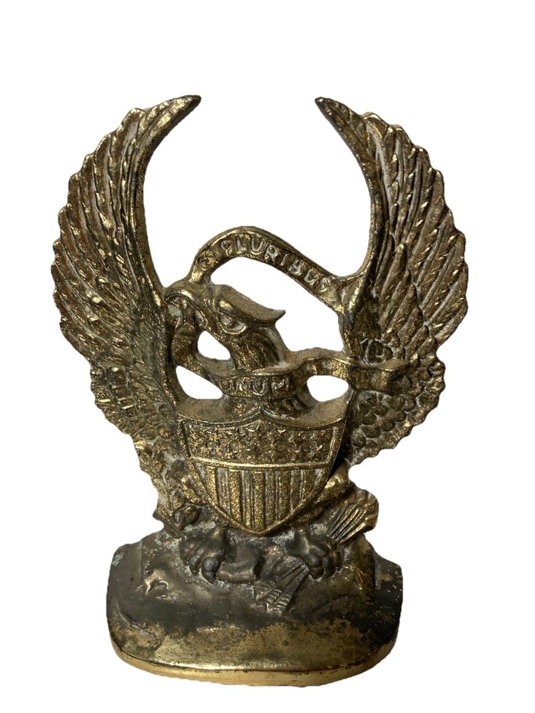 Vtg Solid Brass American Eagle E Pluribus Unum Shield Bookends-US Made-7.5x4.5”