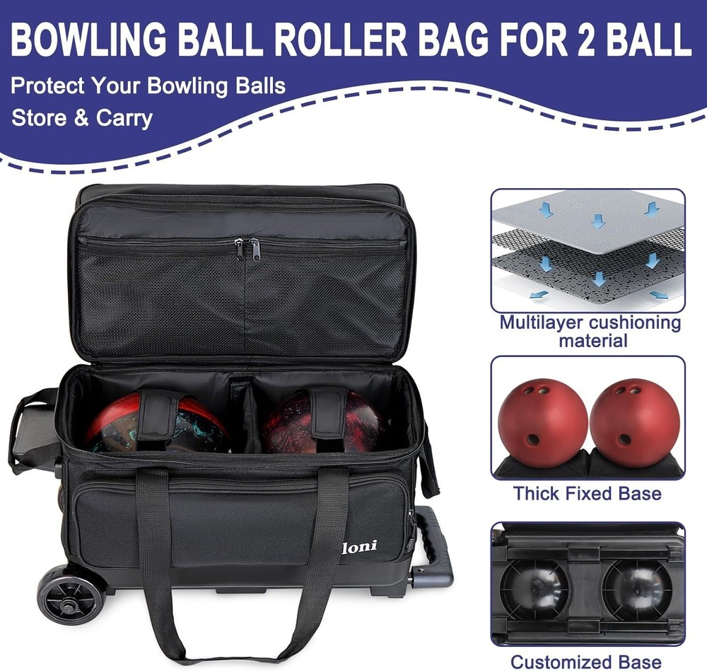 Durable 2-Ball Bowling Bag with Retractable Handle & Ventilated Shoe Compartment