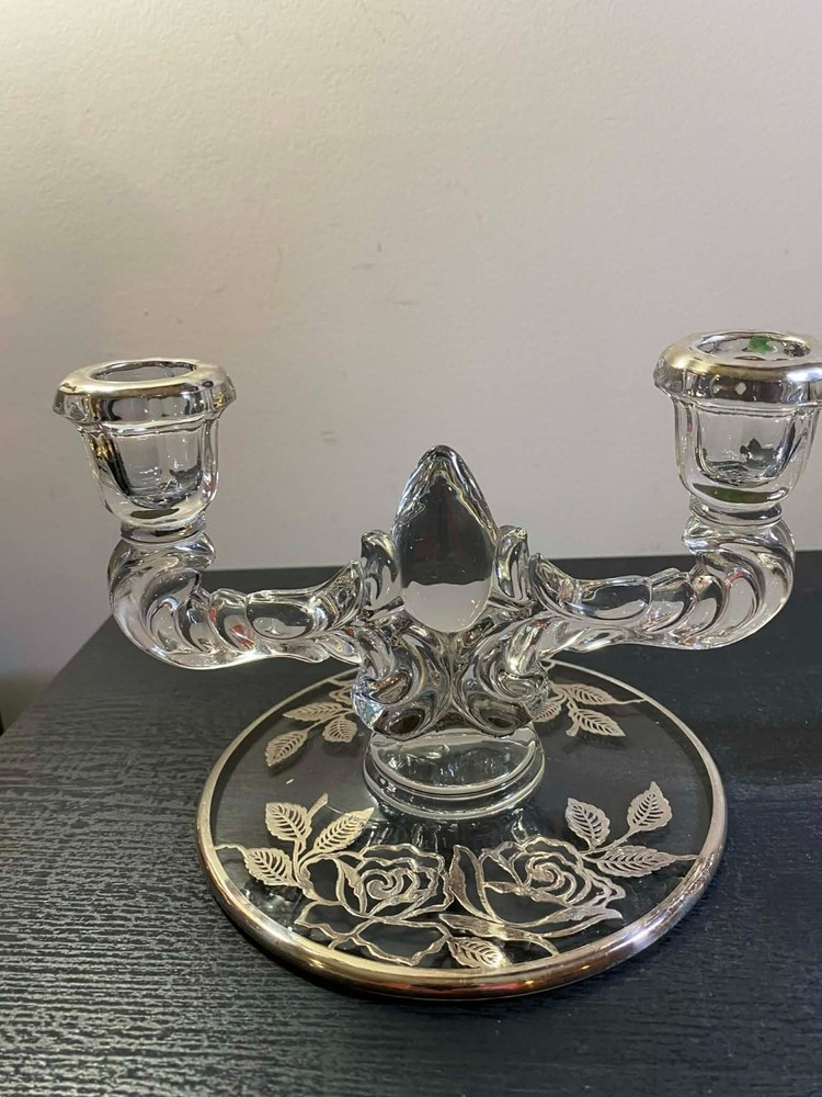 Vtg Pr Pressed Glass Double Light Candlesticks w/Sterling Silver Inlay UV React