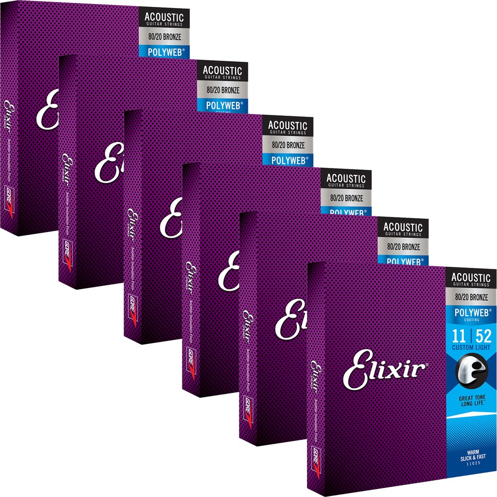 6 Sets Elixir 11025 POLYWEB 80/20 Custom Light Acoustic Guitar Strings 11-52