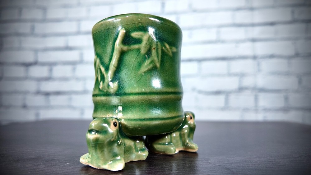 3" Green Frog Footed Bamboo Embossed Ceramic Vase Planter Pot