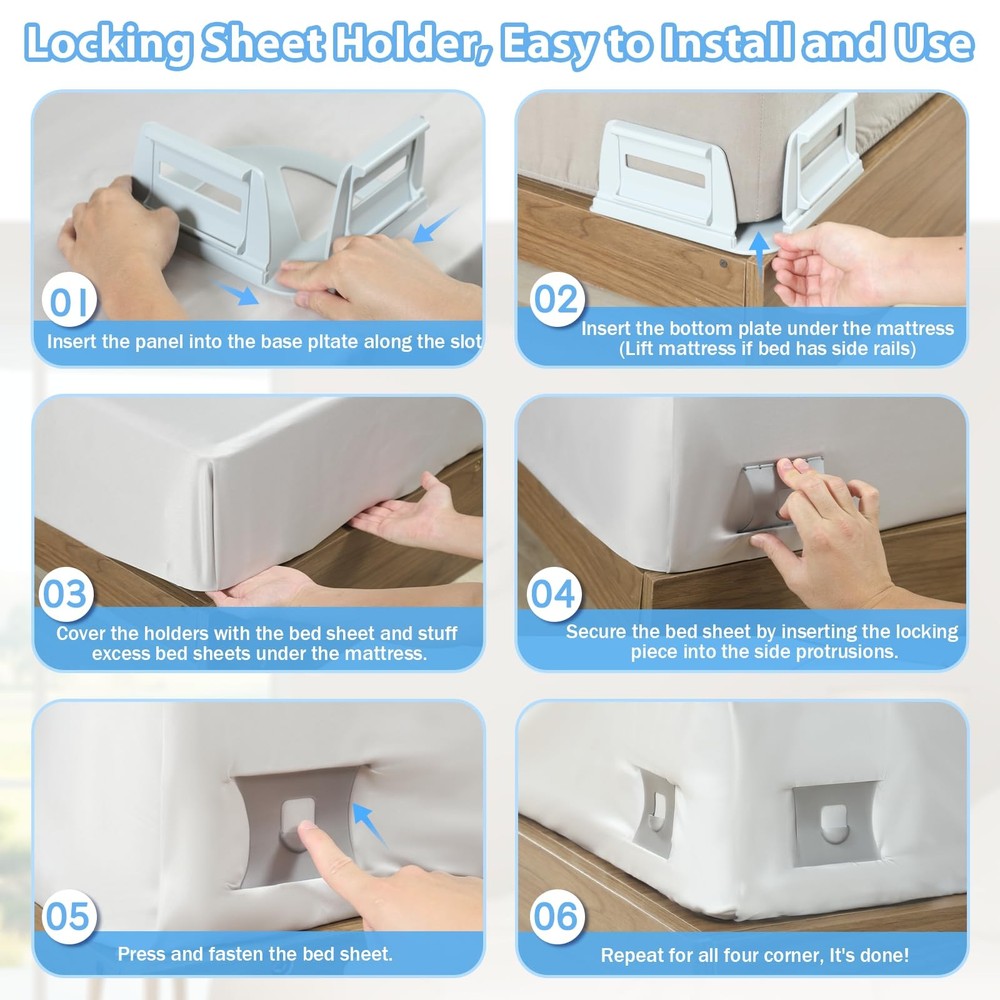 Bed Holders for Corners, Heavy Duty Fitted Lock Holders Keep Sheets Firm & Ti...