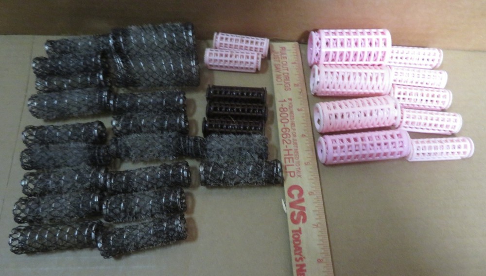 Vintage Brush Mesh Hair Rollers 19 and 11 plastic rollers