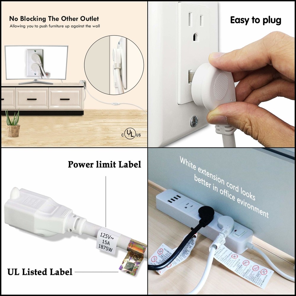FIRMERST 6 Ft Flat Plug Extension Cord, 1875W 15A, White, UL Certified