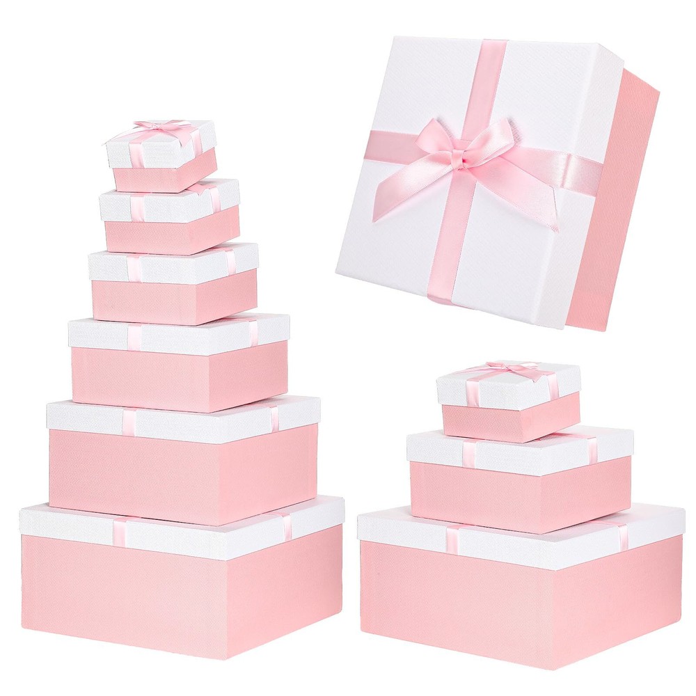 Large Nesting Gift Boxes with Lid Ribbon Square Pink 6 Pack 6 Sizes