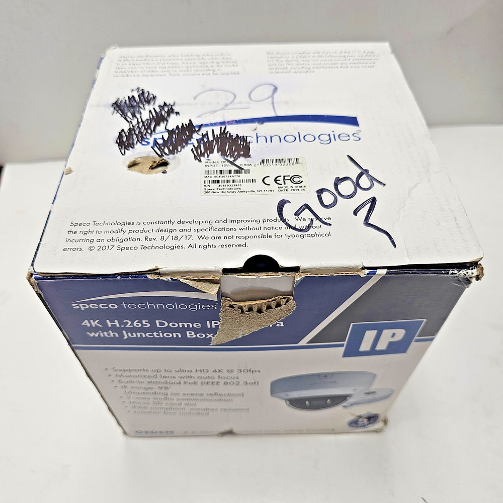 Speco Technologies O8D6M 4K H.265 Dome IP Camera W/Junction Box USED
