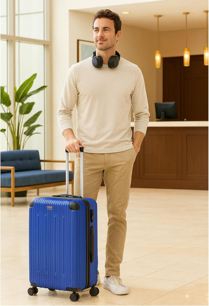 Dejuno Cornwall Lightweight Hardside Spinner Luggage, Navy, Medium Checked