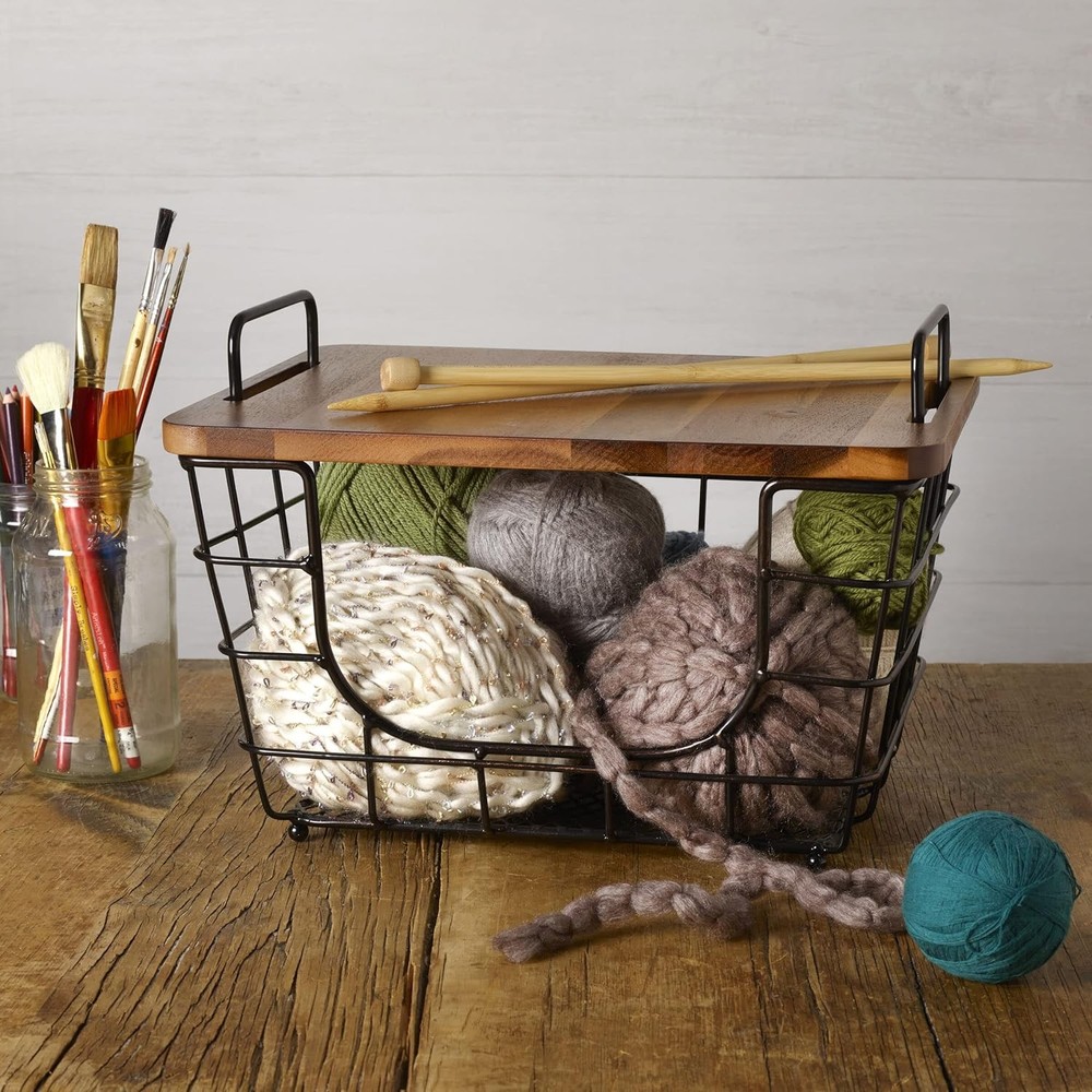Madam Metal Stacking Nesting Rectangular Basket W/ Acacia Wood Lid Space Saving