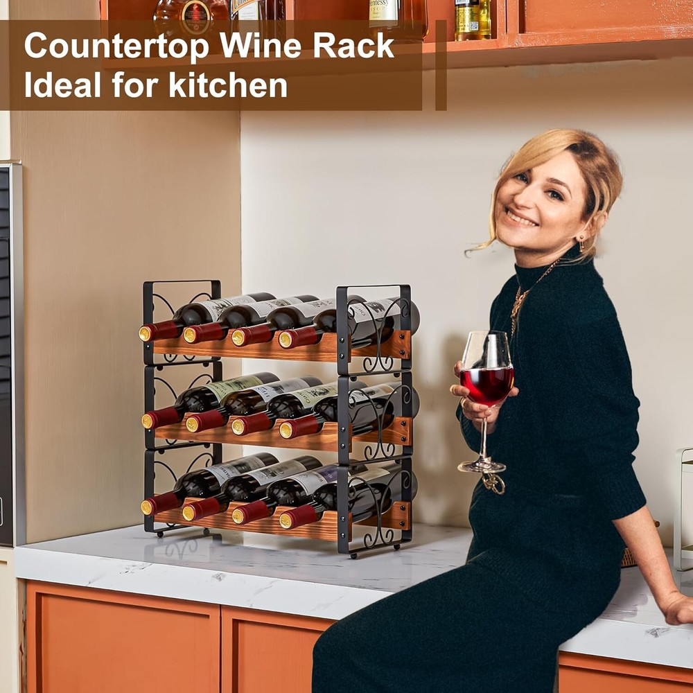 Innovative Stackable Wine Rack for 12 Bottles - Easy Assembly, Black Finish