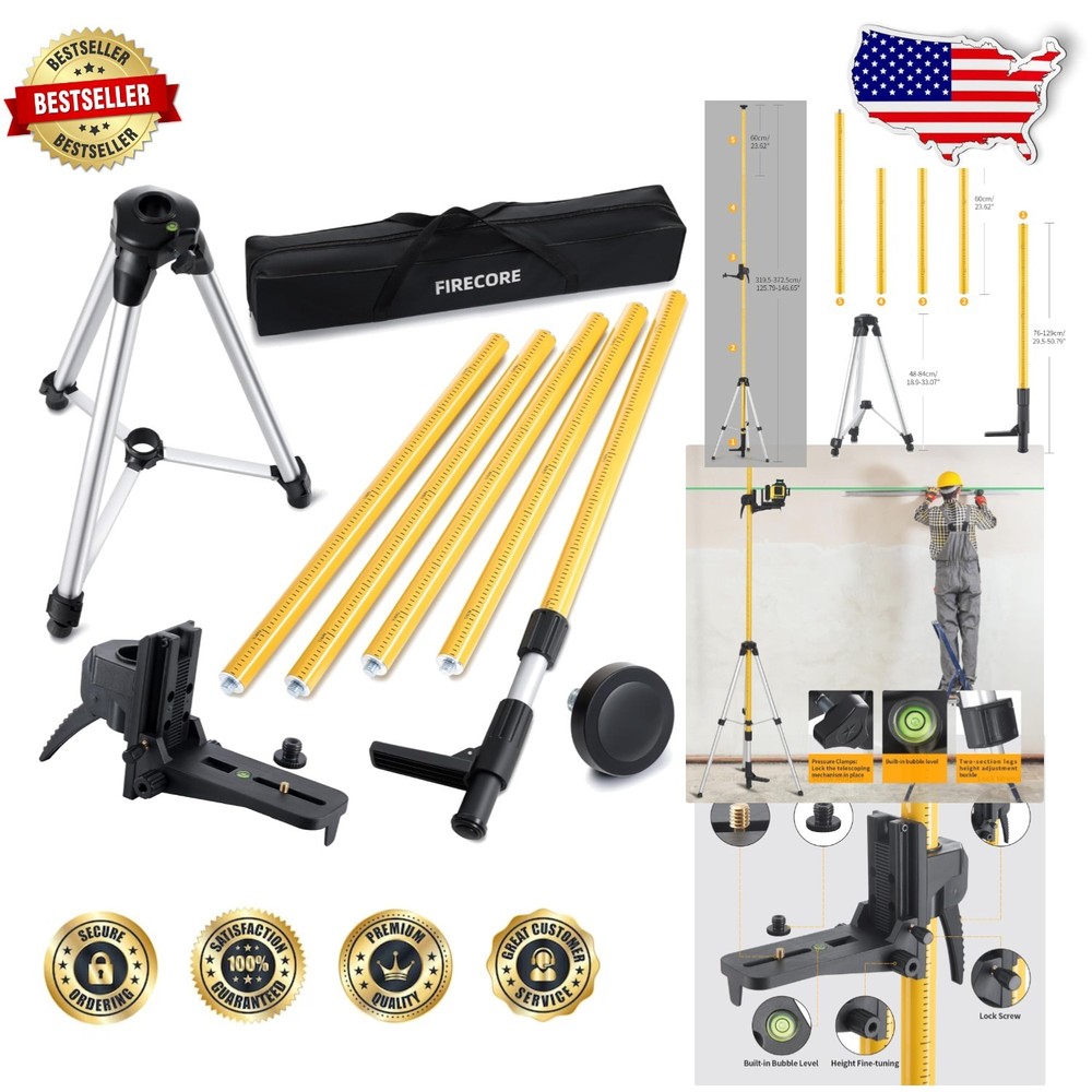 Adjustable 12ft Telescoping Laser Pole & Tripod for Rotary Line Lasers
