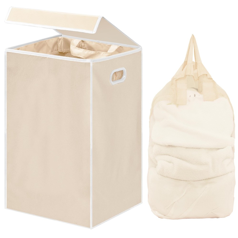 Foldable Laundry Hamper Basket with Lid, Beige