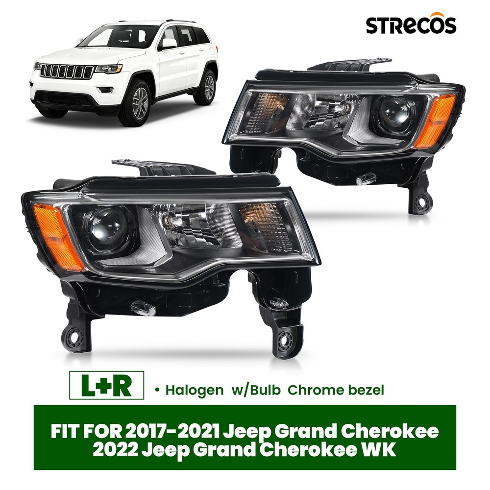 2017-2022 Jeep Grand Cherokee Halogen Headlight Chrome w/ Bulb Left & Right Pair