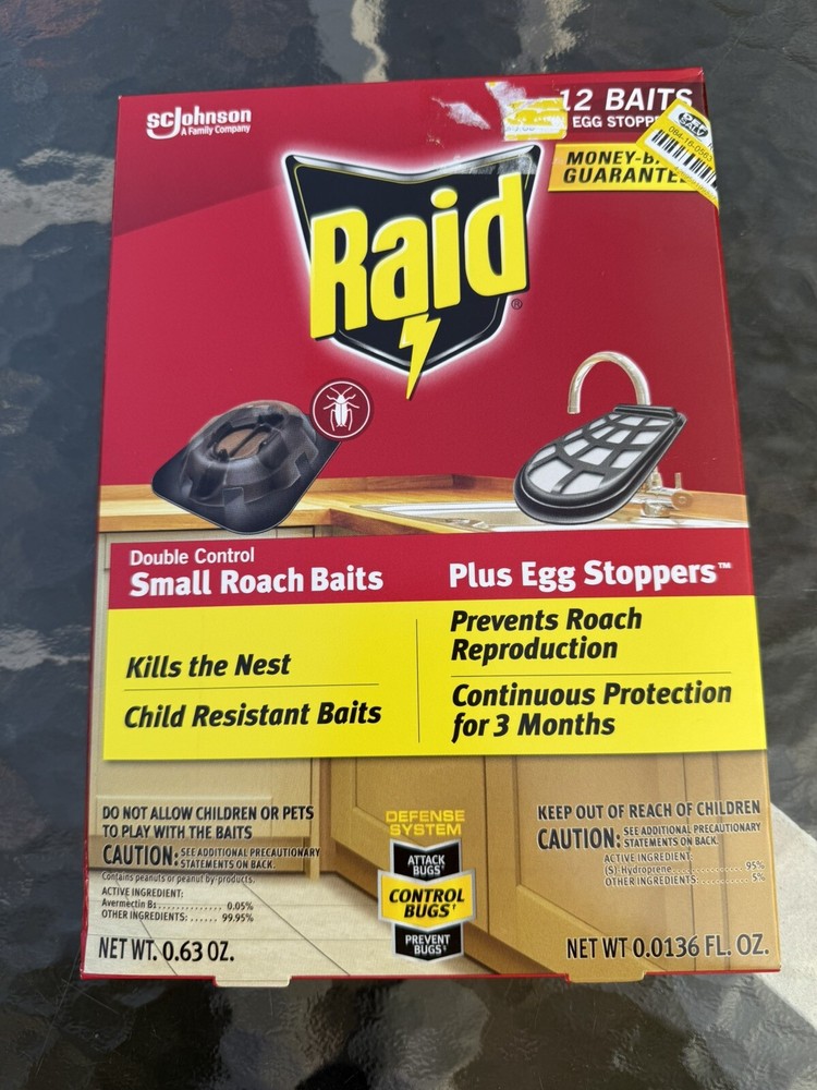 Raid Double Control 12 Small Roach Baits + 3 Egg Stoppers Kills & Sterilizes NEW