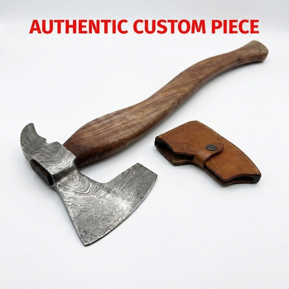 SK Customs 20" Damascus Viking Axe 9" Blade Hand Carved Hardwood Handle Sheath