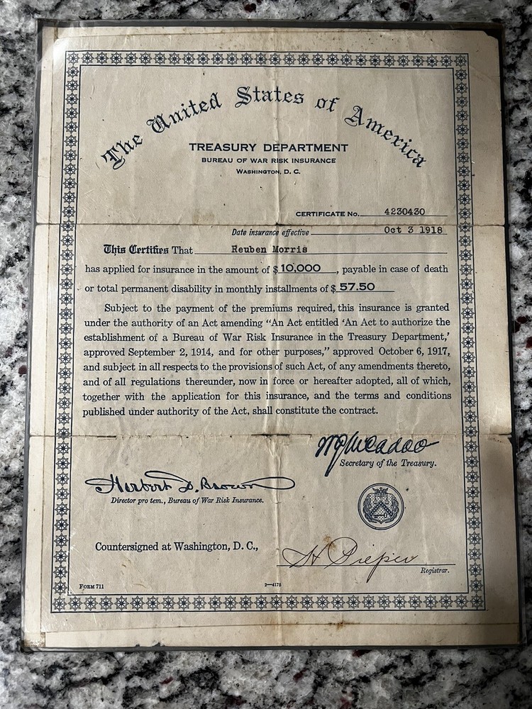 1918 War Risk Insurance Document Paper Ephemera