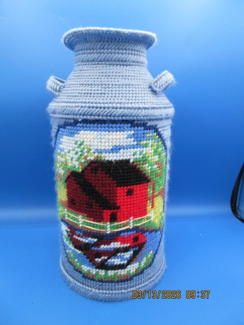 Plastic Canvas Milk Jug Light Blue with Rustic Barn Scene Hand Made