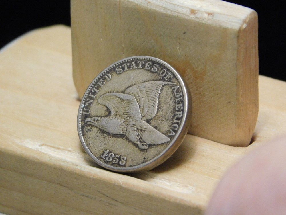 1858 Flying Eagle cent large letters 180+ degrees rotated reverse