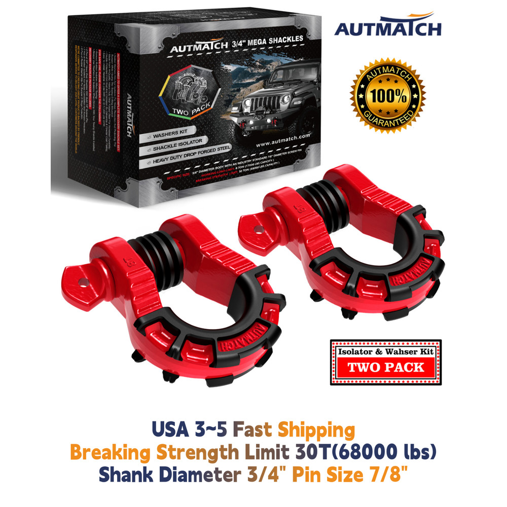 AUTMATCH 3/4" Mega D Ring Shackle 68,000lbs for Winch & Tow Strap Recovery