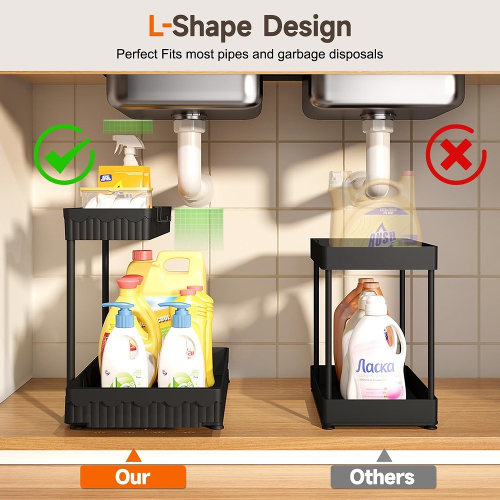 3 Pack Multi-Purpose Pull-Out Storage Organizers, 2-Tier L-Shaped Under Sink/...