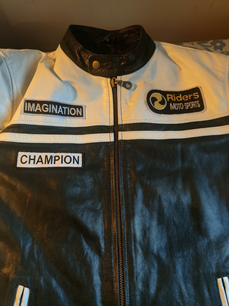 Jacket Mens Medium Leather Black White Biker Motorcycle