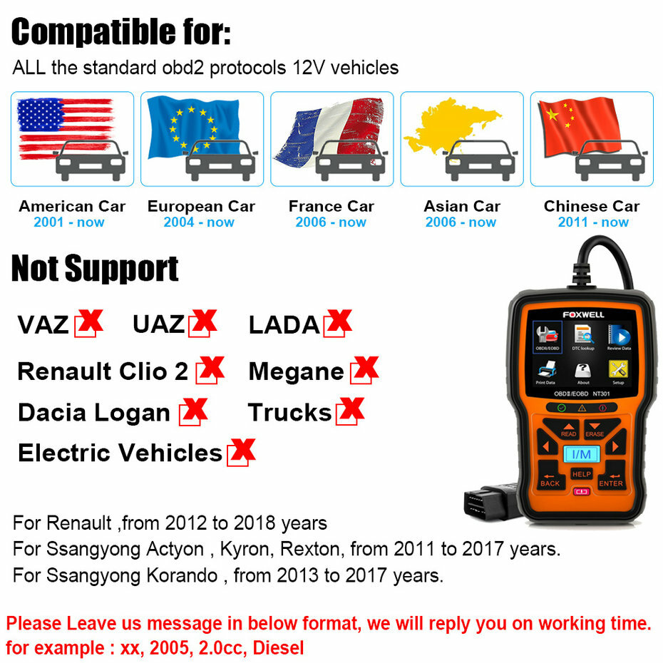 FOXWELL NT301 Automotive Car OBD2 Scanner Code Reader Engine Fault Diagnostic US