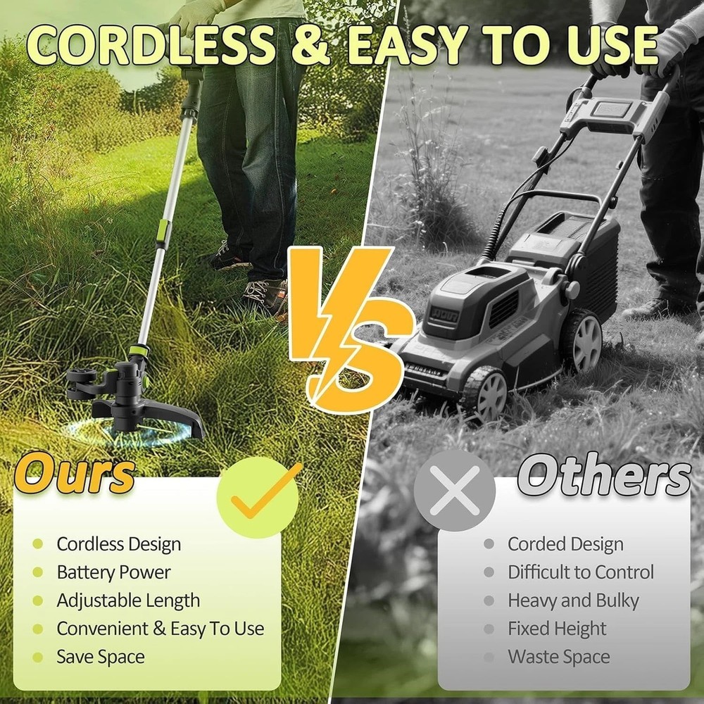 Adjustable Cordless String Mower - 3-in-1 with Fast Charger & Lightweight Design