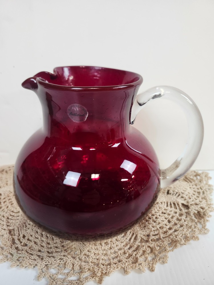 Artland Iris Ruby Red Hand Blown 80 oz Pitcher – 7.25" Tall, Seeded Bubbles