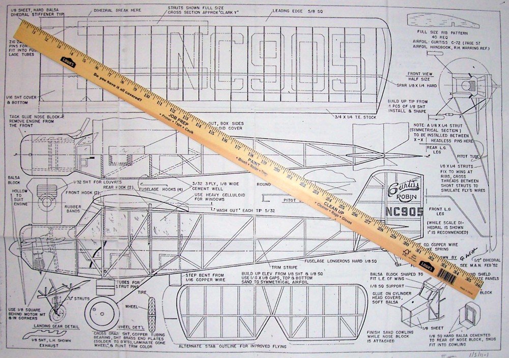 Flyline CURTISS ROBIN PLAN + CONSTRUCTION ARTICLE for 41" Span RC Model Airplane