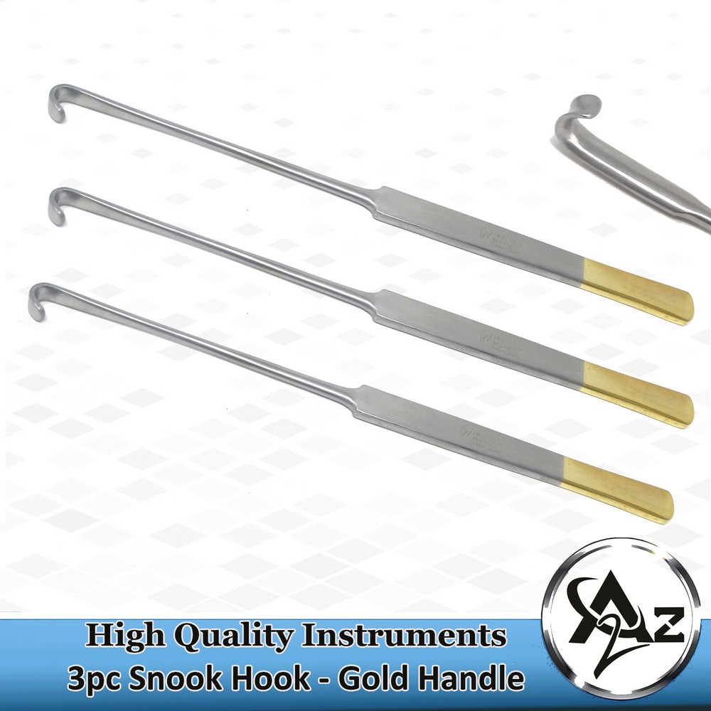 3pc NEW GERMAN STAINLESS  GOLD HANDLE SPAY PACK SNOOK OVERIECTOMY HOOK-A+QUALITY