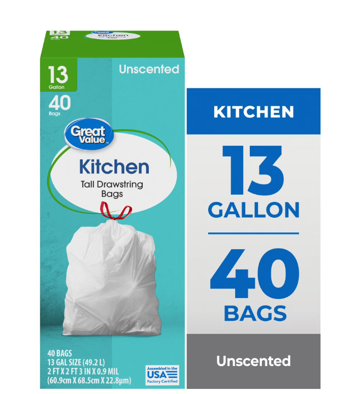 13 Gallon Tall Kitchen Trash Bags Drawstring Unscented 40 Count
