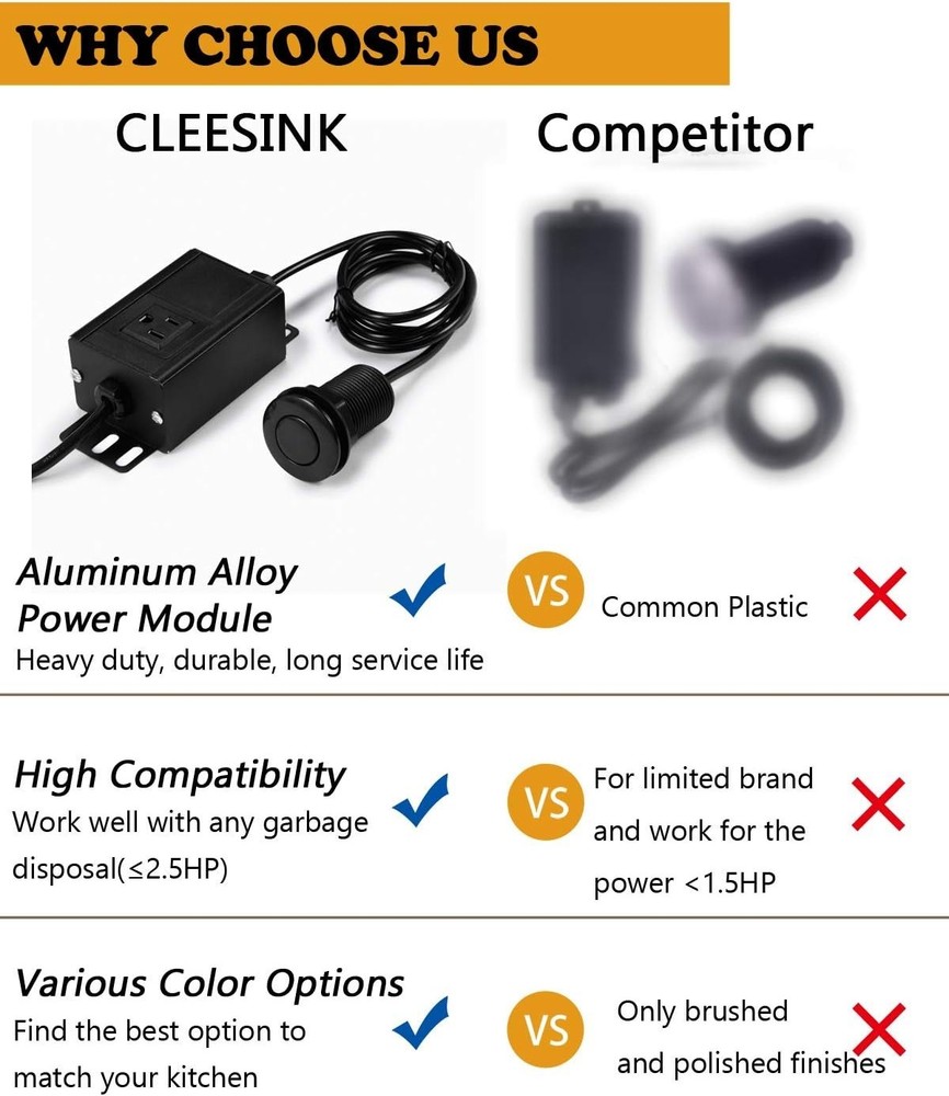 LONG 3.5" Garbage Disposal Air Switch, Secure Black Aluminum, Tested